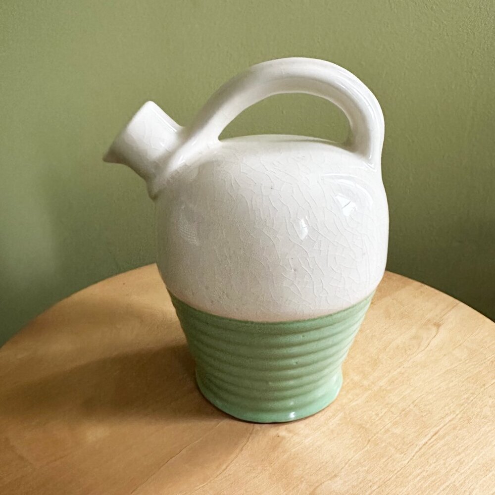 Vintage Green & White Crackle Ribbed Art Jug
